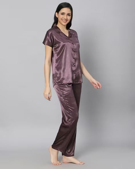 Deep Plum Silk Silk Pj Set For Women