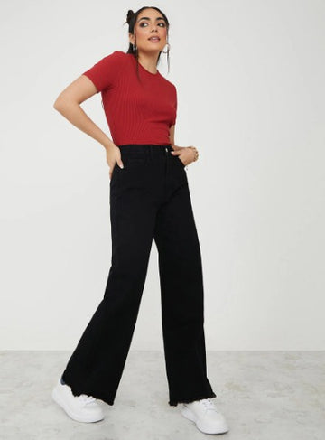 High Rise Frayed Hem Wide Leg Jeans