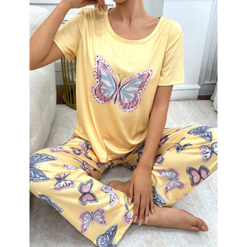 Yellow Butterfly Print Night Suit For Women