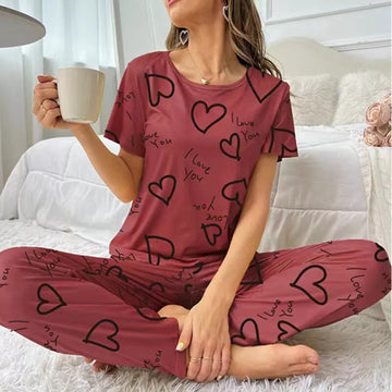 Pink Black Heart Night Suit For Woman