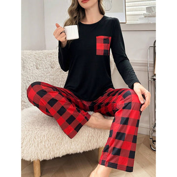 Red Checkered Pajama Night Suit For Women