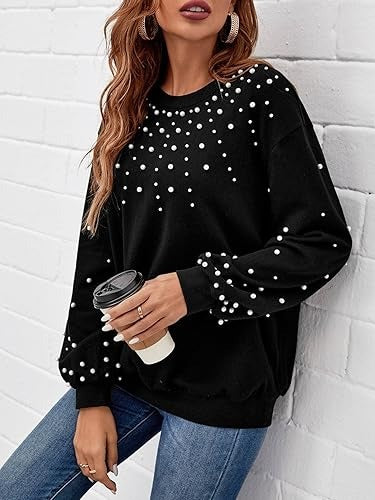 Black Stylish Pearls Beaded Sweatshirt For Women