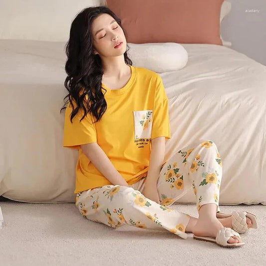 Yellow Flower Printed Night Suit For Woman