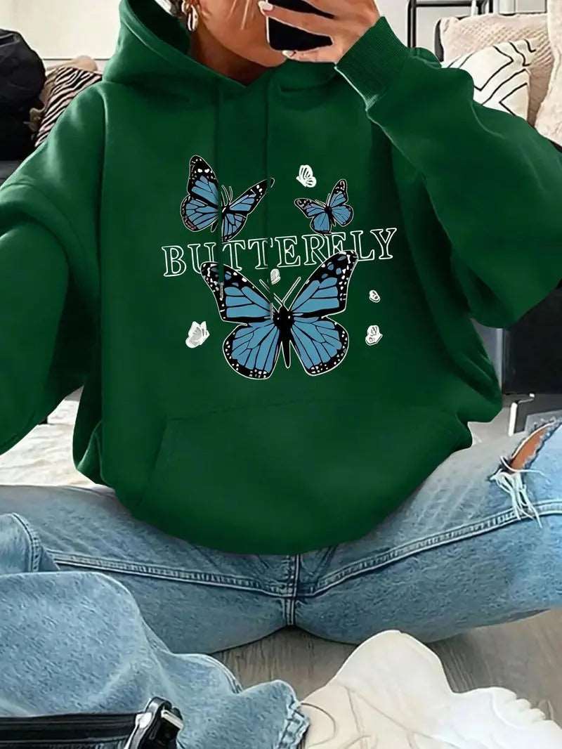 Blue Butterfly Printed Hoodies For Woman