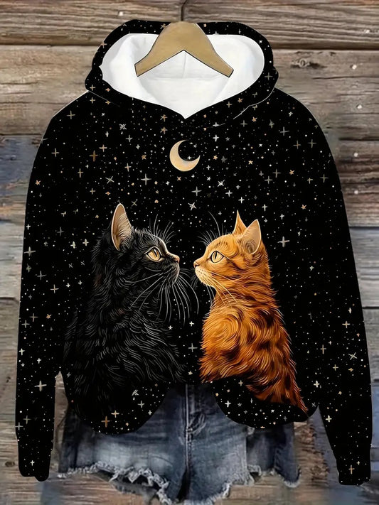 Black Two Cat With Star Printed Hoodie For Women