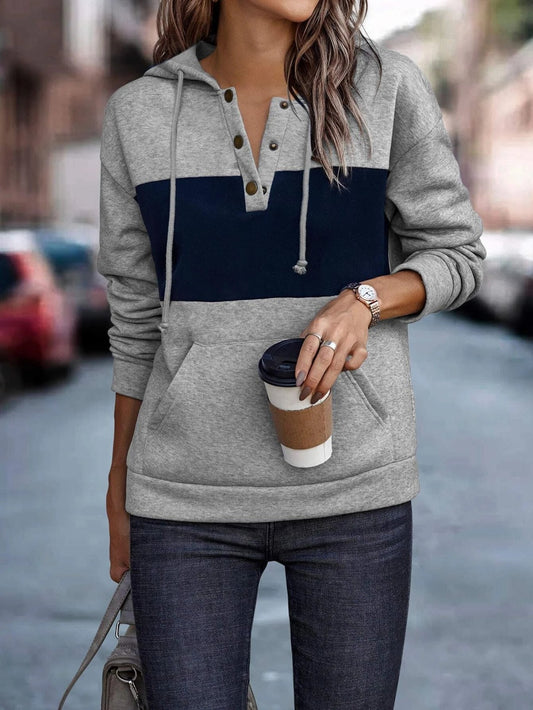 Navy Blue Grey Panel Hoodie For Women