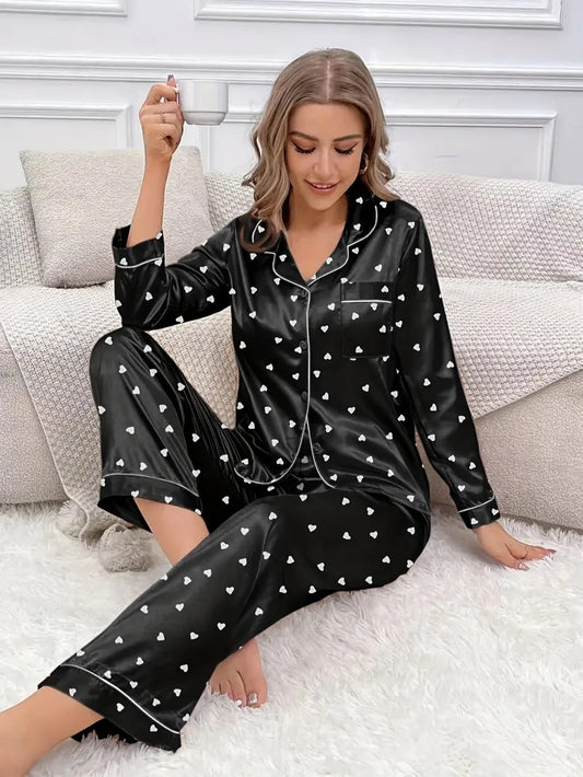 White Heart Print 3-Piece Pajama Set For Woman