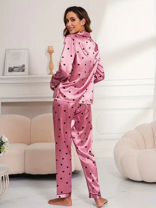 Black Heart Printed Pajama Set For Woman