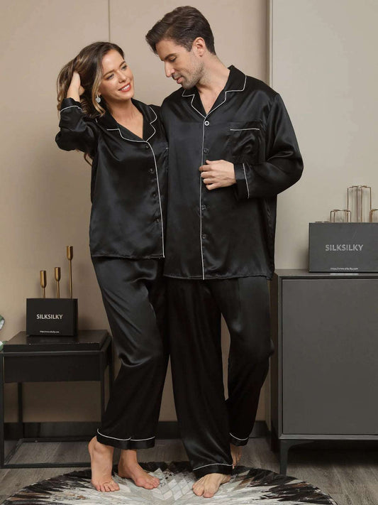 Black With Pipin Silk Pj Set For Couple