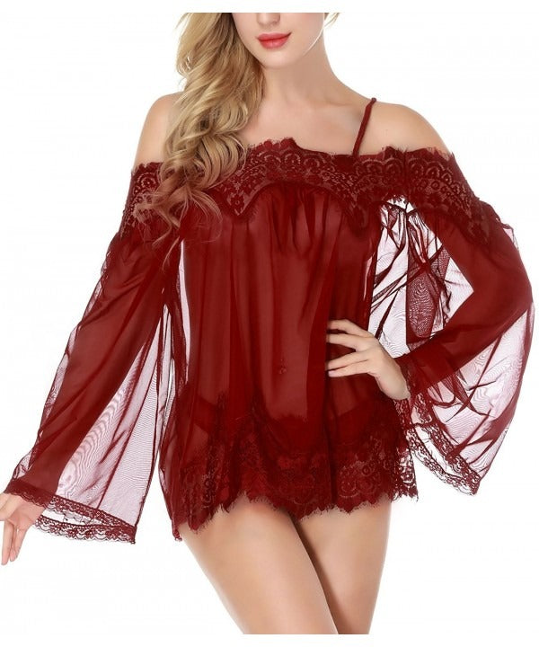 Alluring Red Lace Mesh Babydoll Chemise – Sheer Nightgown Sleepwear for Women