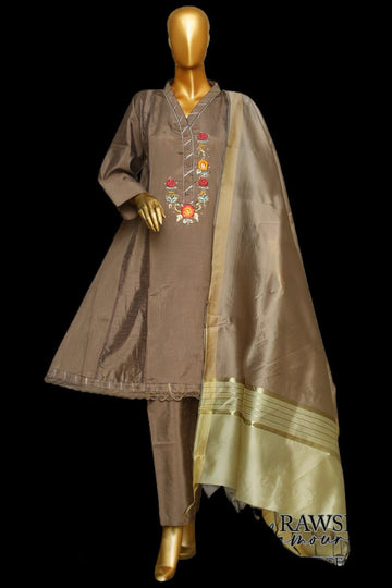 Raw Silk Embroidered Brown with Golden Dupatta For Woman