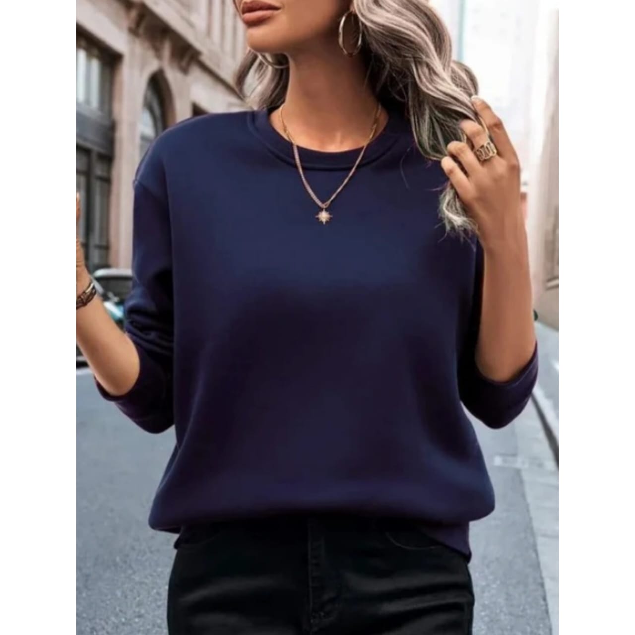 Navy Blue Basic Sweat Shirt For Women