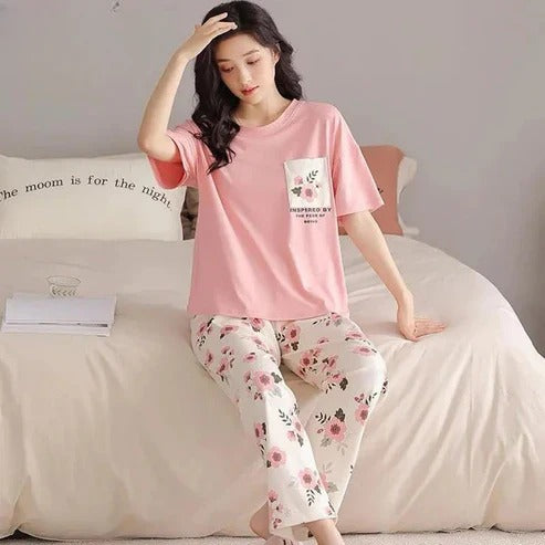 Pink Flower Printed Night Suit For Woman