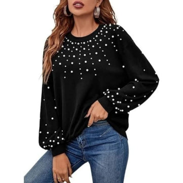 Black Stylish Pearls Beaded Sweatshirt For Women