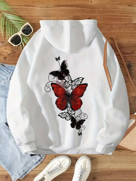 Red & Black Butterfly Printed Hoodie For Woman