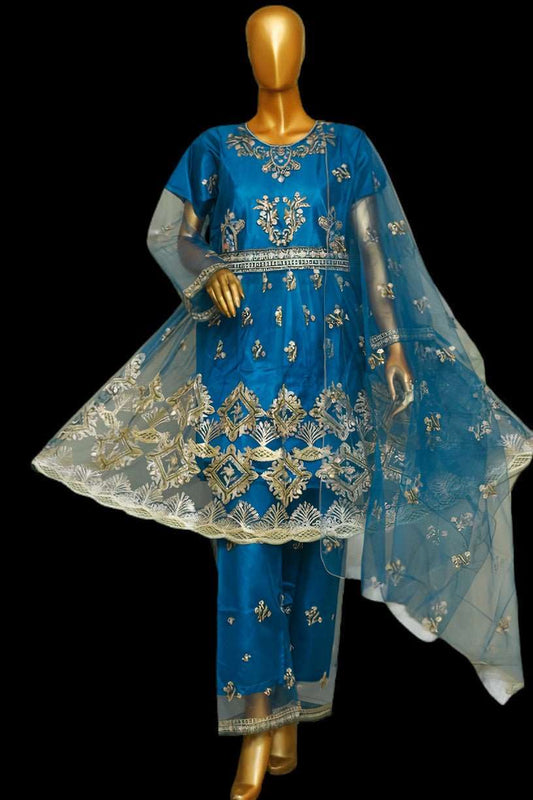 Royal Blue Embroidered Net Frock For Woman