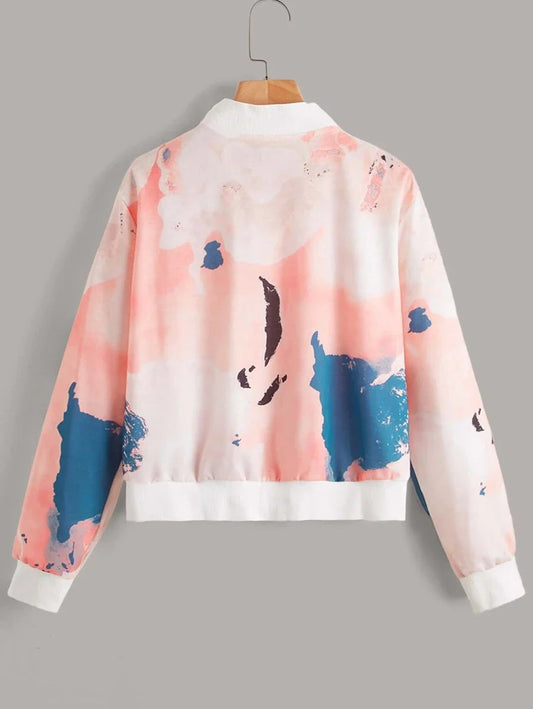 Pink Abstract Bomber Jacket For Women