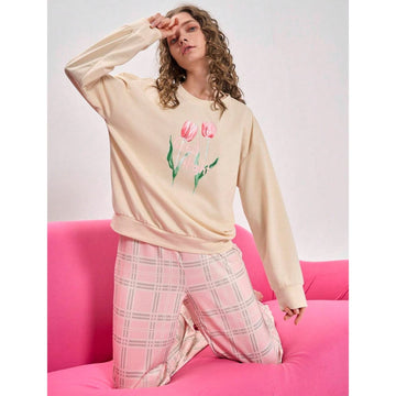 Two Flower Print Sweatshirt With Pajama Night Suit For Women