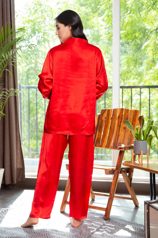 Cheery Red Silk Pj Set For Women