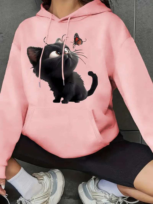 Cat & Butterfly Printed Hoodie For Woman