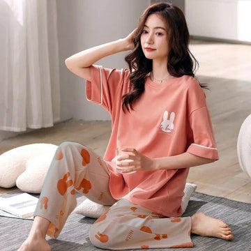 Bunny Pocket Printed Half Sleeves Night Suit For Woman