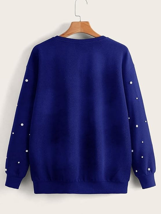 Navy Blue Pearls Beaded Sweatshirt For Women