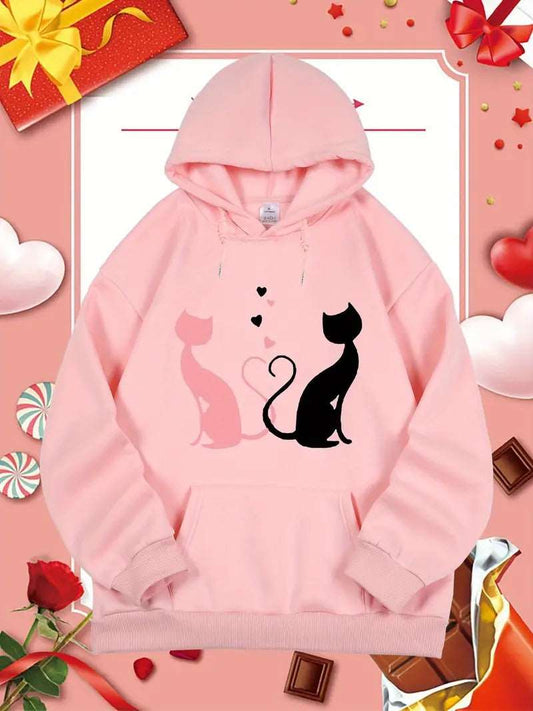 Cat & Heart Printed Hoodie For Woman