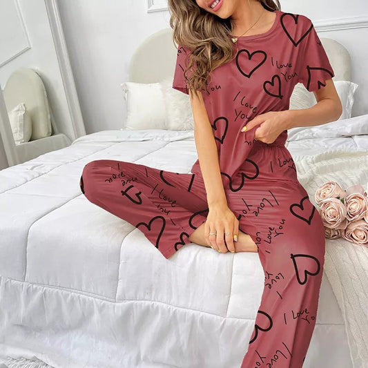 Pink Black Heart Night Suit For Woman