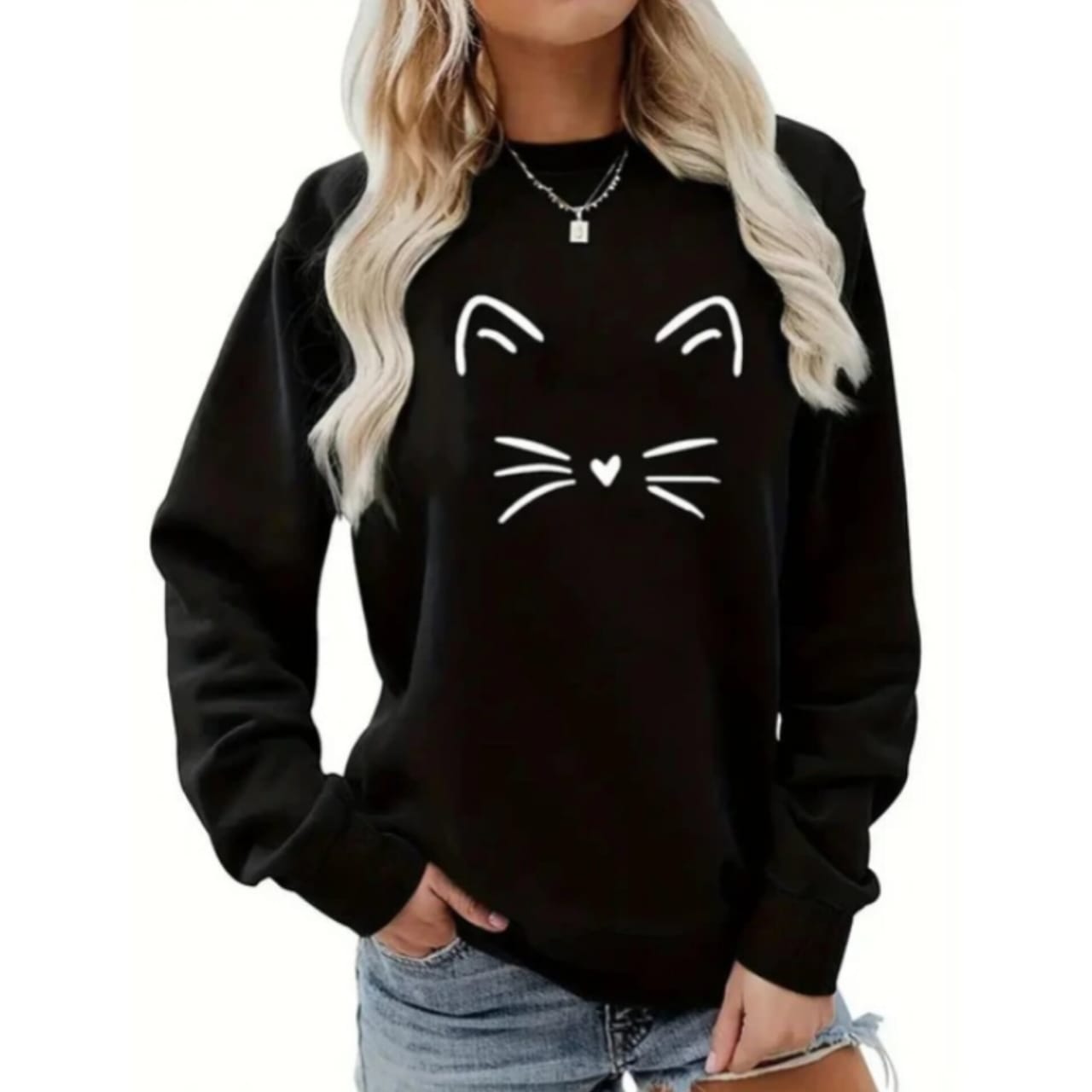 Black Meow Printed Sweatshirt For Women