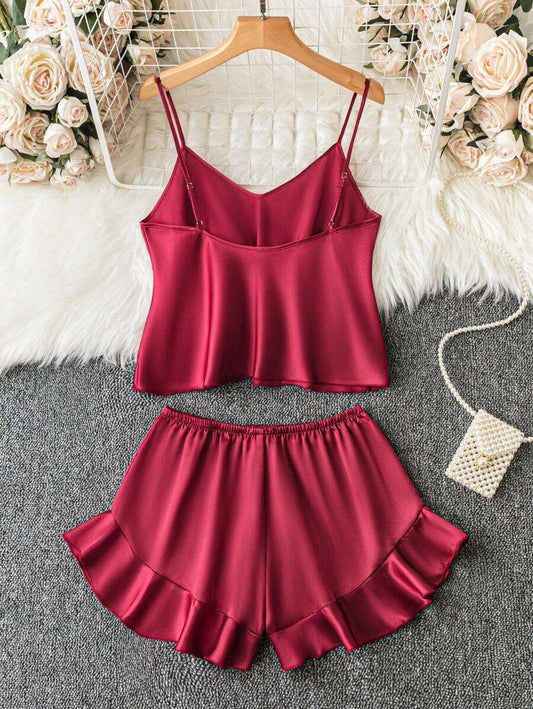 Luxe Scarlet Frill Cami Set For Women