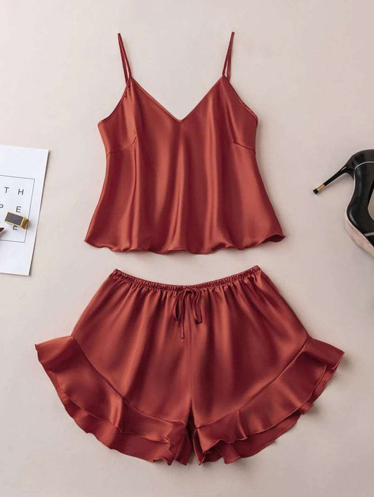 Mocha Elegance Frill Cami Set For Women