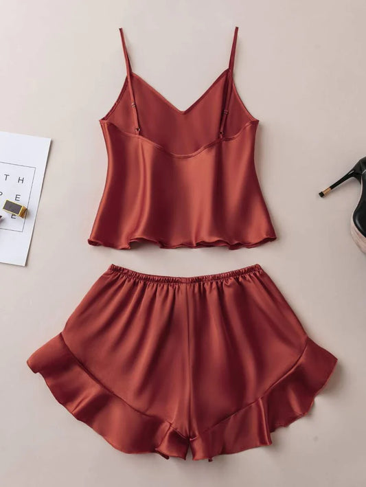 Mocha Elegance Frill Cami Set For Women