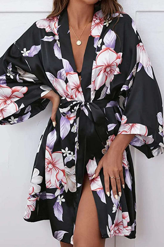 Floral Print Satin Belted Robe