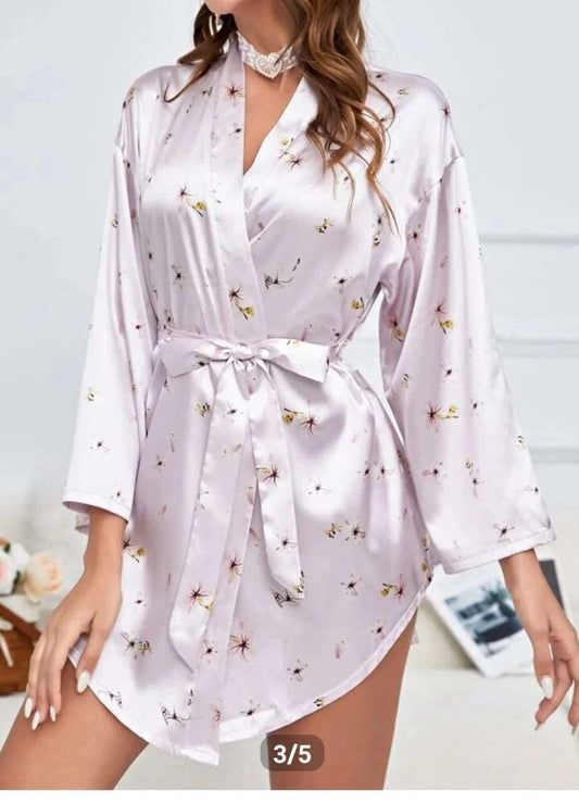 Floral Print Belted Satin Robe