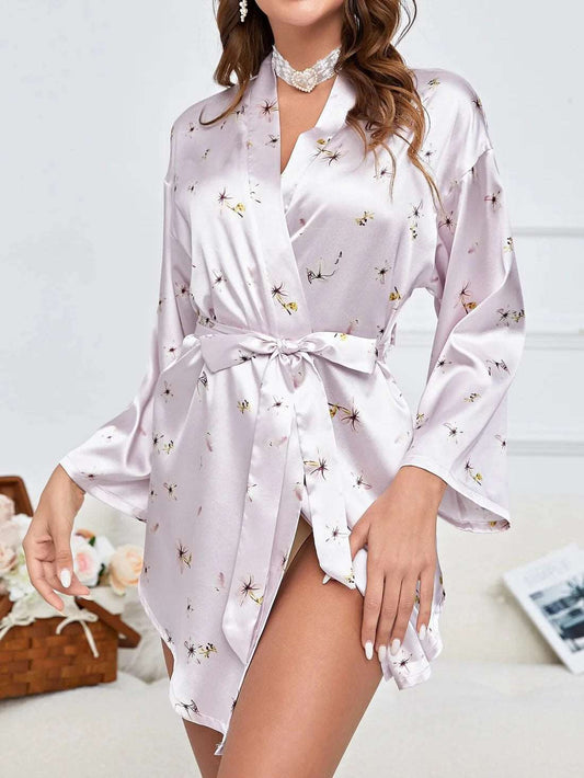 Floral Print Belted Satin Robe