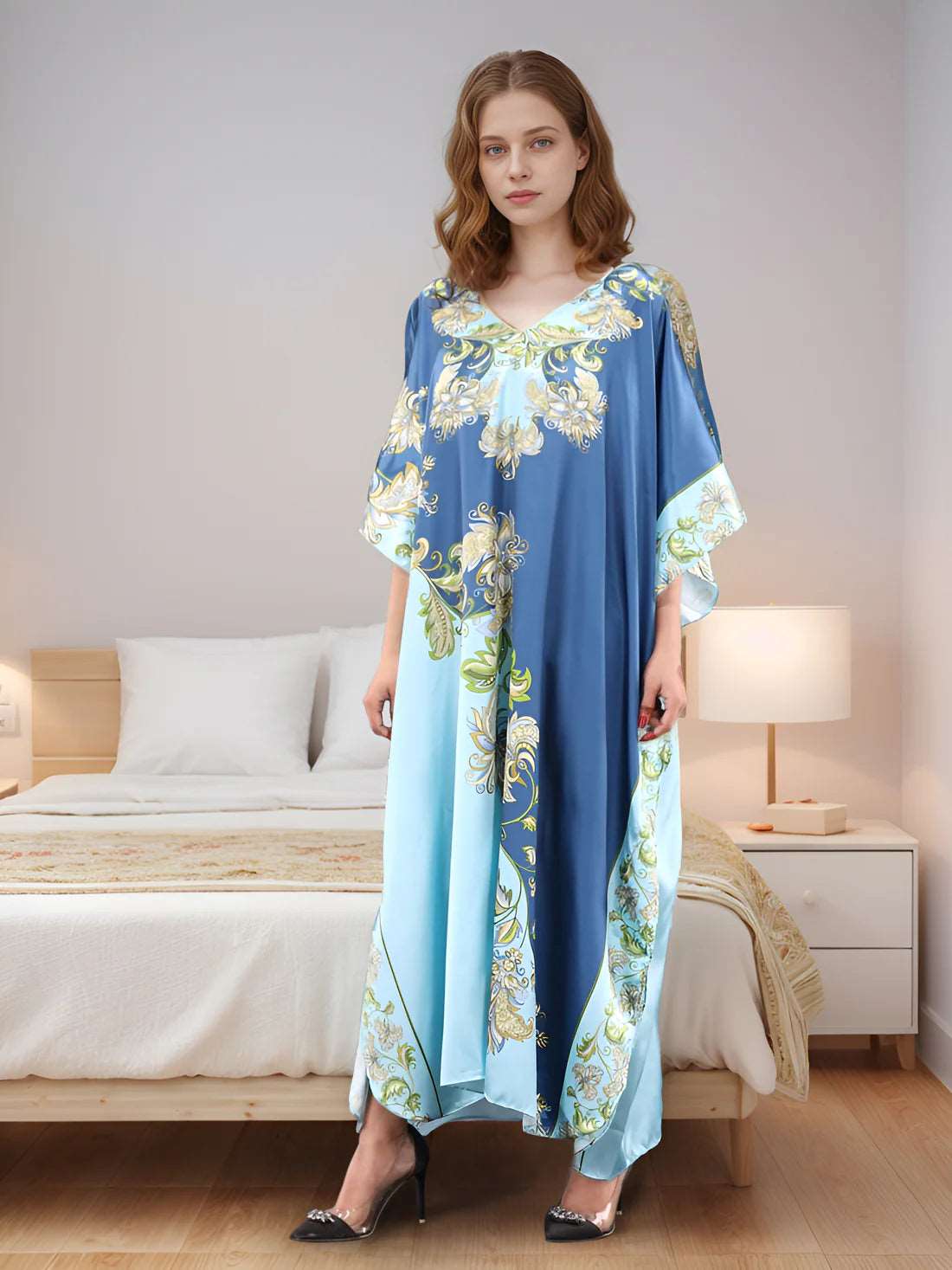 Blue Caftan with White Flower Print for Women