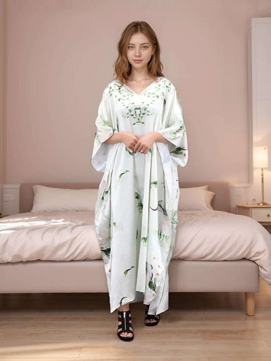 White & Green Floral Caftan for woman