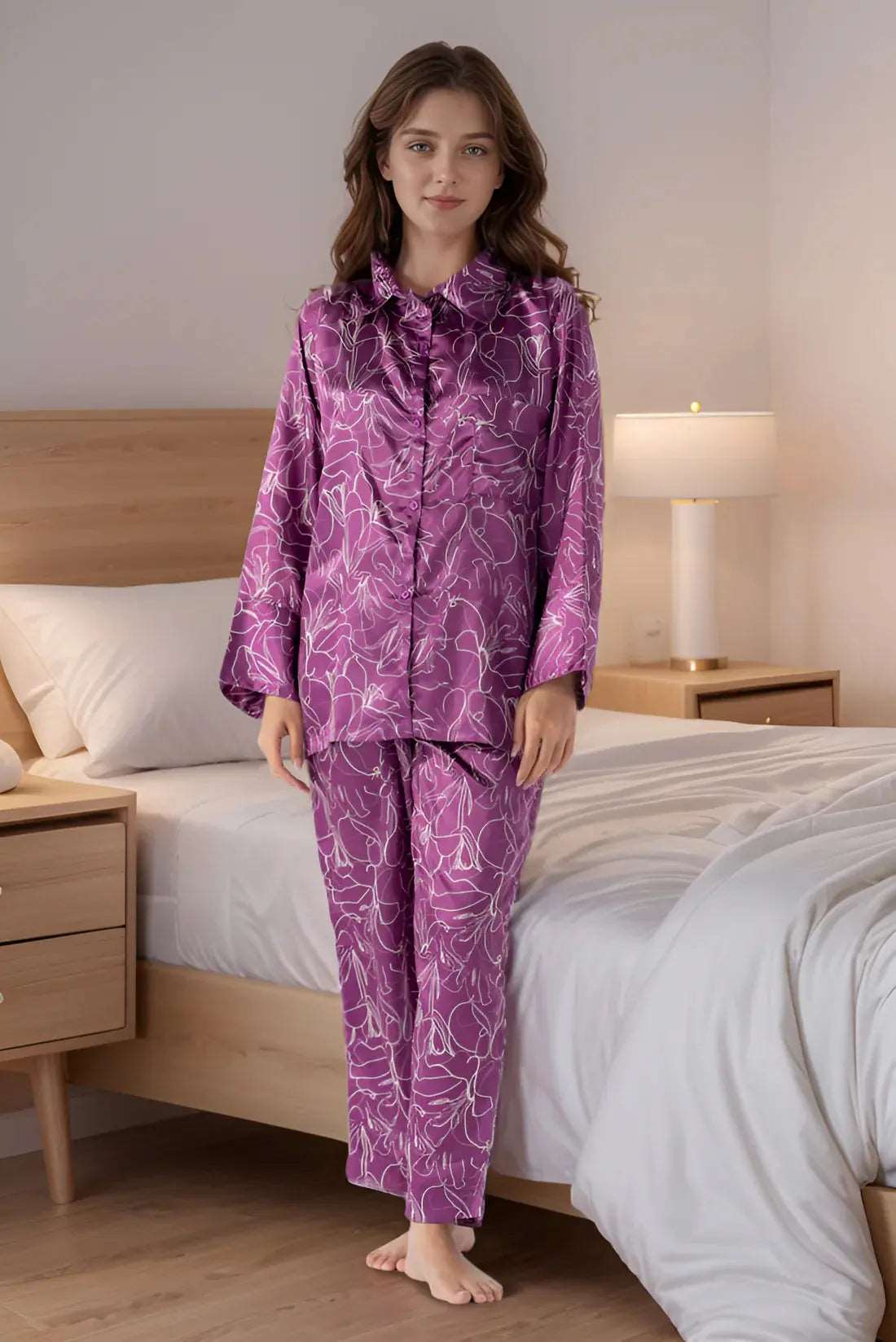 Features a luxurious purple print with a silky finish women’s pajama set