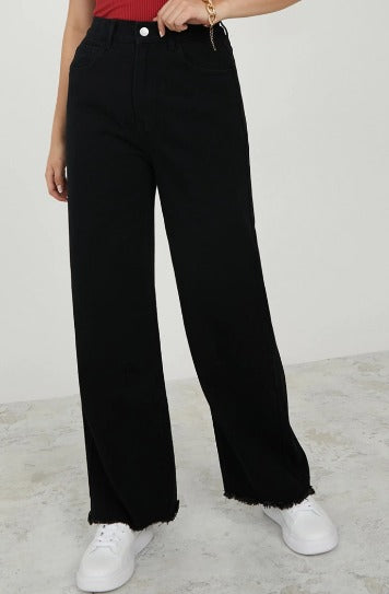 High Rise Frayed Hem Wide Leg Jeans