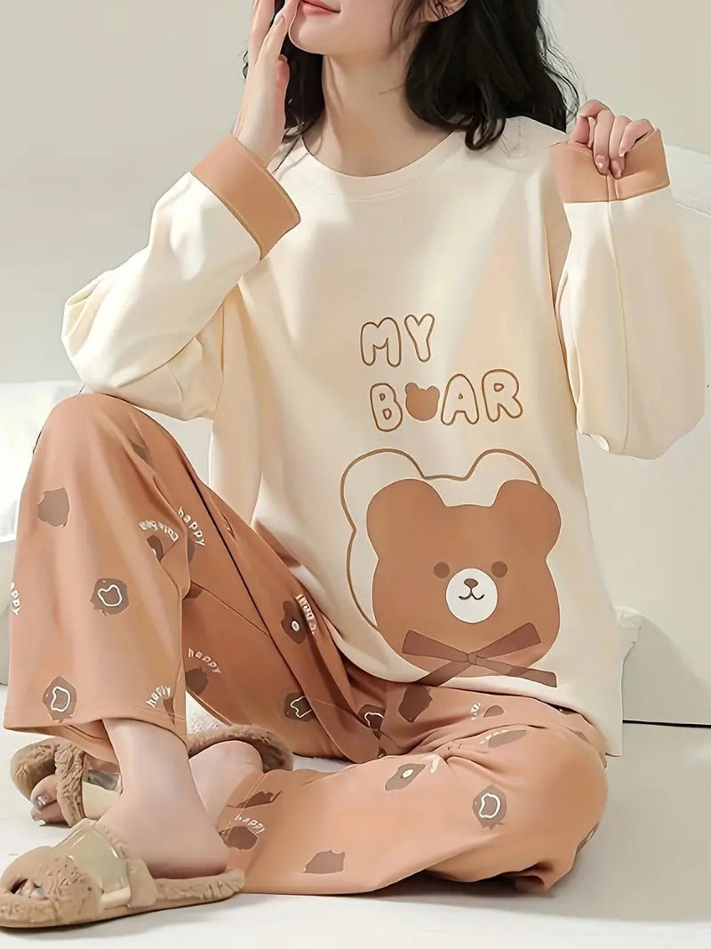 Cartoon Bear Print Night Suit For Woman