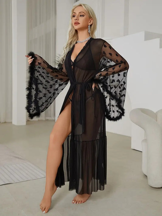 Black Sheer Bell-Sleeve Robe For Woman