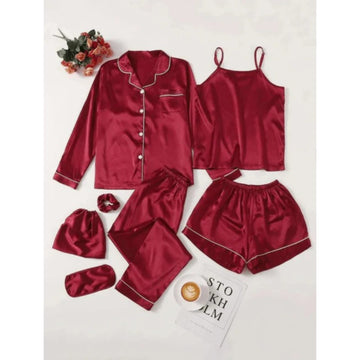 Red Solid 7 Piece Satin Silk Lingerie Set For Women