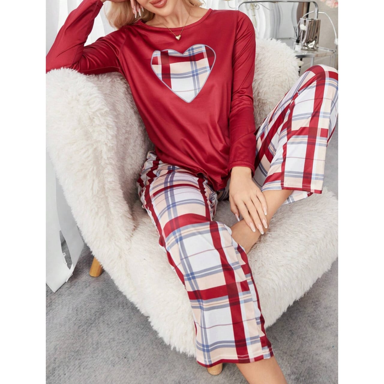 Red Heart Checkered Pajama Night Suit For Women