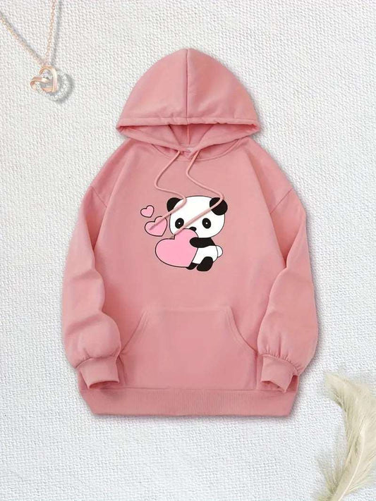 Panda & Heart Printed Hoodies For Woman