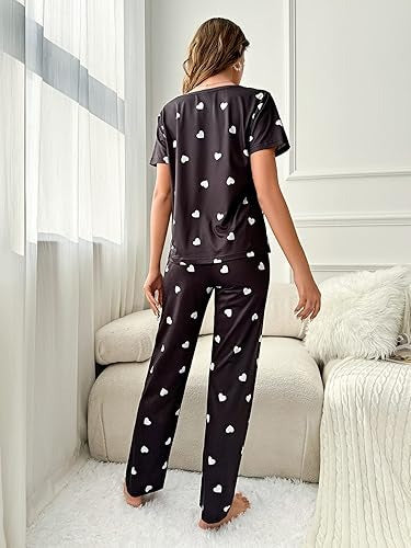 Black White Heart Printed Night Suit For Woman