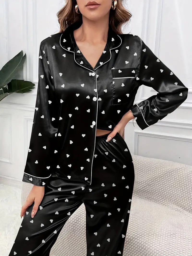 White Heart Print 3-Piece Pajama Set For Woman