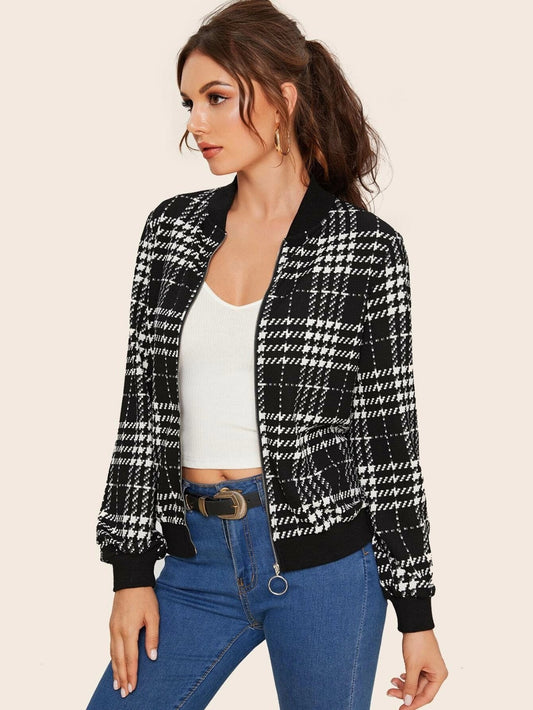 Black Checkered Bomber Jacket For Women