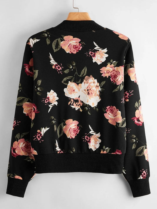 Black Blossom Bomber Jacket For Women