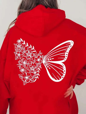 Red Butterfly Printed Hoodies For Woman