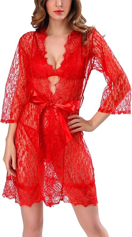 Red 3 Pcs Transparent Lace Suspenders Luscious Nighty Dress For Women